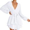Cosonsen Vestido de mujer con cuello en V profundo, manga larga, lazo en la cintura, volantes, mini vestidos de patinadora - Imagen 5