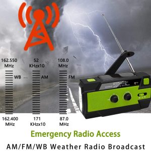 【2022 más reciente】 Radio meteorológica portátil con manivela solar de emergencia, con AM FM NOAA, 3 linternas LED, sensor de movimiento, lámpara de lectura, alarma SOS, cargador USB de batería recargable de 4000 mAh (verde) - Imagen 5