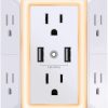 Cargador de pared USB, protector contra sobretensiones, extensor POWRUI de 6 salidas con 2 puertos de carga USB (2,4 A en total) y luz nocturna, regleta de alimentación de 3 lados con adaptador de salidas espaciadas - blanco, listado ETL