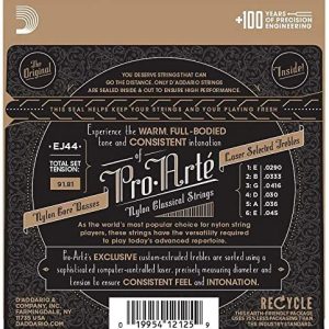 Cuerdas de guitarra D'Addario - Cuerdas de guitarra clásica Pro-Arte - EJ44 - Cuerdas de guitarra de nailon - Entorchado plateado, núcleo de nailon - Tensión extra dura, paquete de 1 - Imagen 2