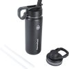 Thermoflask Botella de agua aislada doble de acero inoxidable con dos tapas, 18 oz, negro