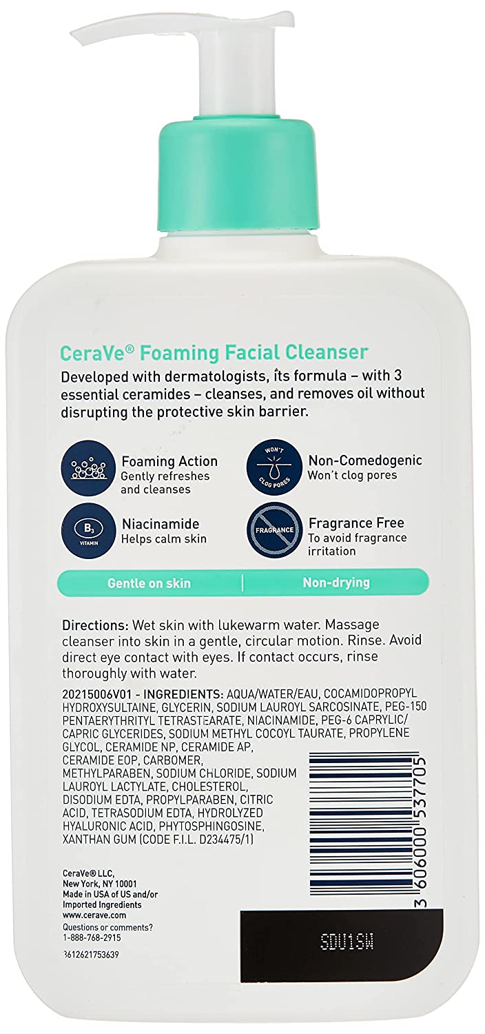  CeraVe Limpiador facial espumoso para pieles normales a grasas  (juego de 3 onzas y 16 onzas) : Belleza y Cuidado Personal