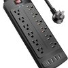 Regleta de alimentación, protector contra sobretensiones Tcstei con 12 salidas y 4 puertos USB, cable de extensión de 6 pies (1875 W/15 A) para el Home & Kitchen, oficina, dormitorio Essentials, 2700 julios, lista ETL, (negro)