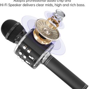 OVELLIC Micrófono de karaoke para niños, micrófono de karaoke inalámbrico Bluetooth con luces LED, máquina de altavoz de micrófono portátil de mano, grandes regalos juguetes para niñas niños adultos todas las edades (negro) - Imagen 3