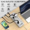 Regleta de alimentación, protector contra sobretensiones Tcstei con 12 salidas y 4 puertos USB, cable de extensión de 6 pies (1875 W/15 A) para el Home & Kitchen, oficina, dormitorio Essentials, 2700 julios, lista ETL, (negro) - Imagen 2