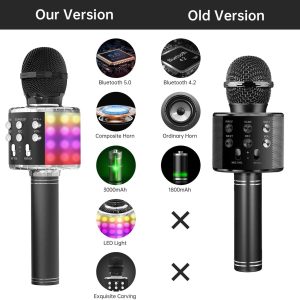 OVELLIC Micrófono de karaoke para niños, micrófono de karaoke inalámbrico Bluetooth con luces LED, máquina de altavoz de micrófono portátil de mano, grandes regalos juguetes para niñas niños adultos todas las edades (negro) - Imagen 5