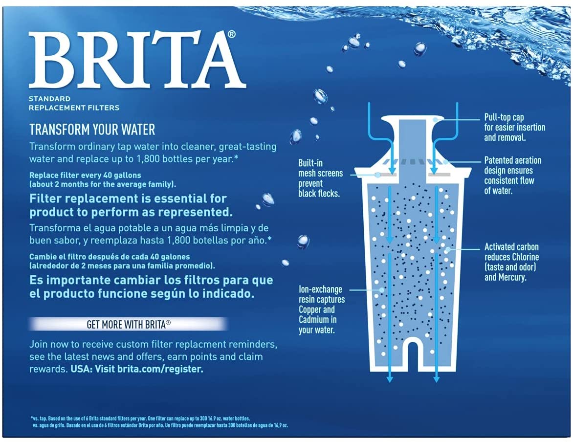 Brita Filtros de agua de repuesto estándar para jarras y dispensadores, sin  BPA, 8 unidades y jarra de agua grande de 10 tazas para uso diario con