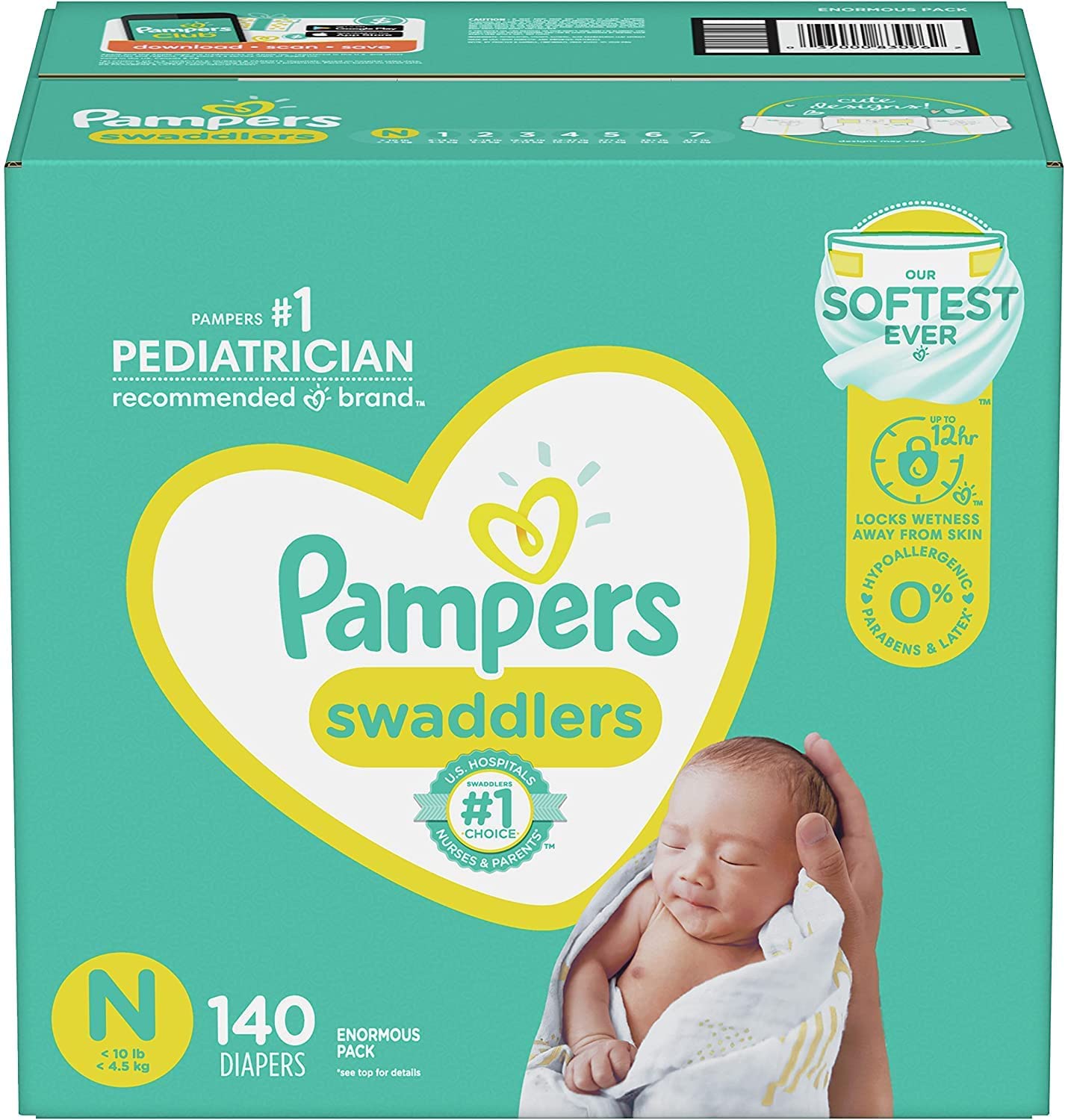 Pampers Swaddlers Sensitive Size 0 - Pañal para recién nacido, 27 unidades  por paquete, 4 por caja.