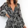 Relipop - Mono para mujer con estampado floral, cuello en V, manga holgada, lazo en la cintura, doble capa, dobladillo con volantes, minivestido corto - Imagen 3
