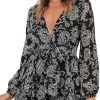 Relipop - Mono para mujer con estampado floral, cuello en V, manga holgada, lazo en la cintura, doble capa, dobladillo con volantes, minivestido corto