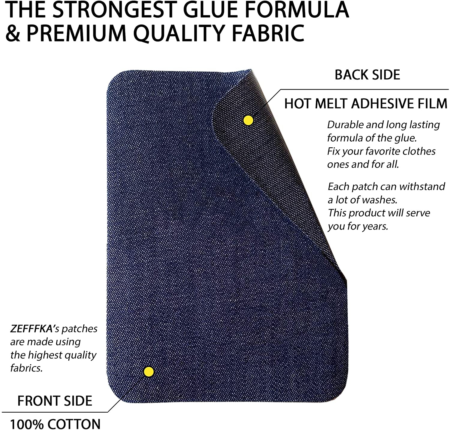 ZEFFFKA Parches de mezclilla de alta calidad para planchar en el interior y el exterior Pegamento más fuerte 100% algodón Kit de decoración de reparación de tonos surtidos de azul 12 piezas Tamaño 3" por 4-1/4" (7,5 cm x 10,5 cm) - Imagen 4
