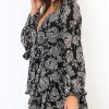 Relipop - Mono para mujer con estampado floral, cuello en V, manga holgada, lazo en la cintura, doble capa, dobladillo con volantes, minivestido corto - Imagen 5