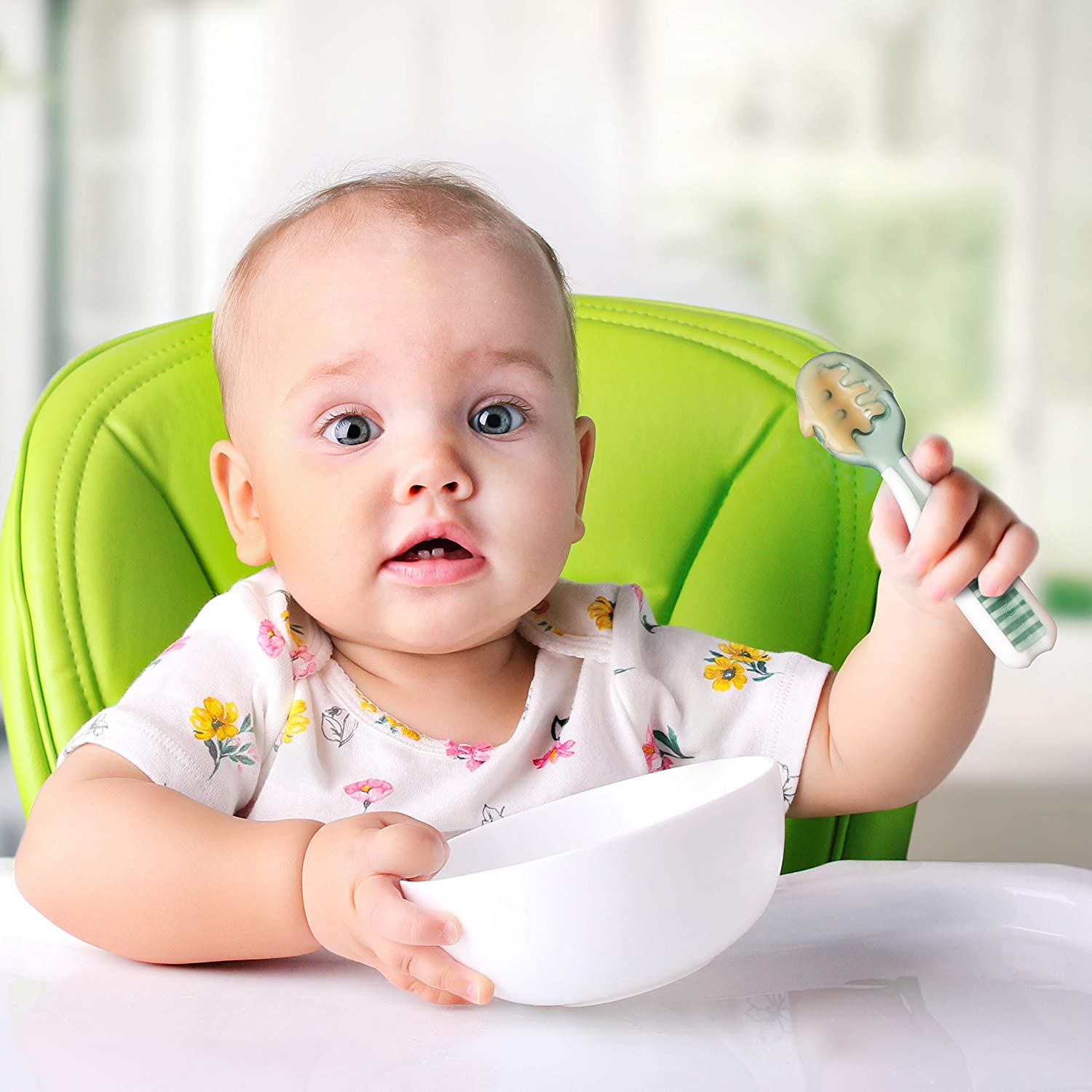 Juego de cucharas de bebé de silicona sin BPA para autoalimentación de  primera etapa, Paquete de 2 utensilios de precuchara