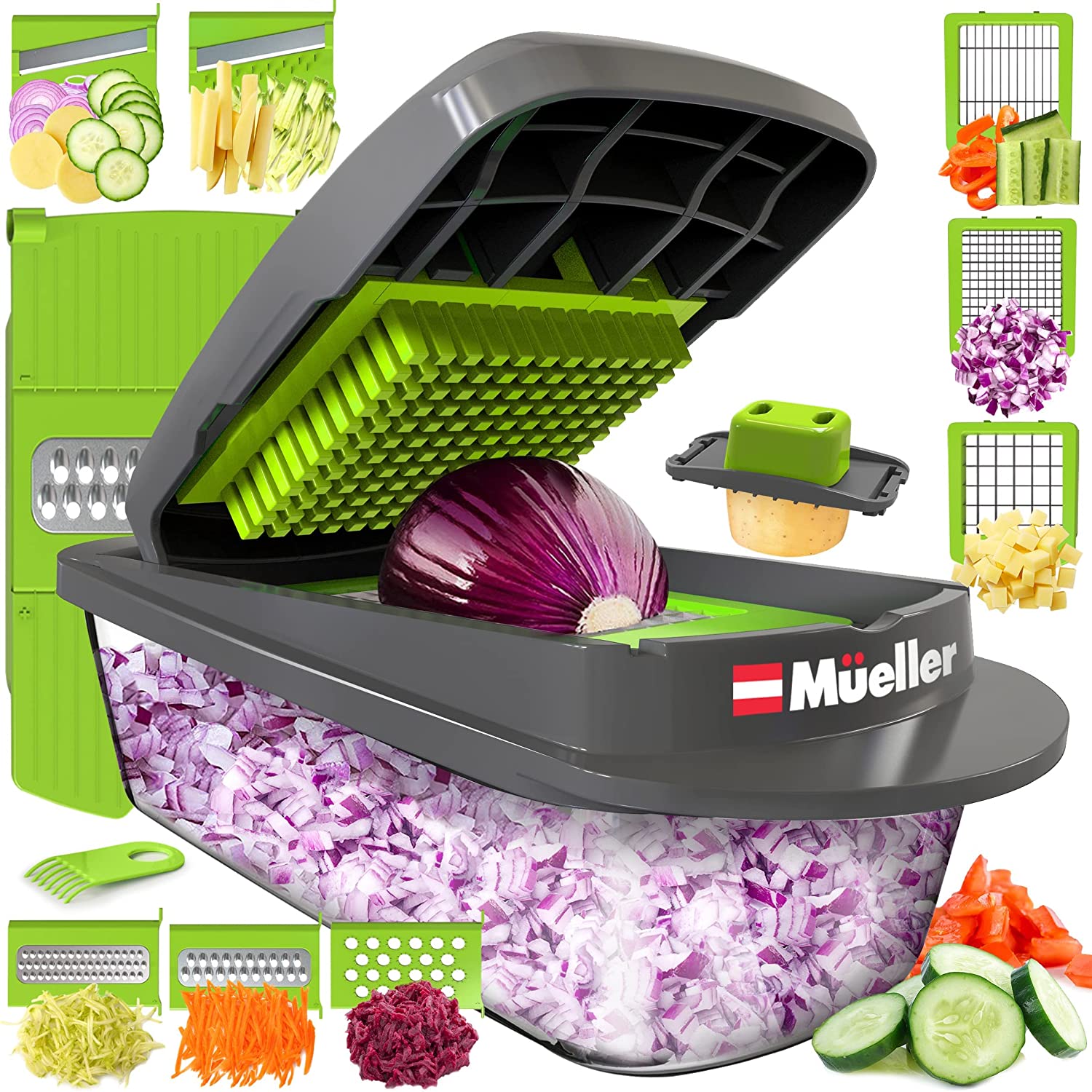 Mueller Pro-Series 10 en 1, picadora de verduras de 8 cuchillas, picadora  de cebolla, cortador, cortador, rebanador de huevos con recipiente