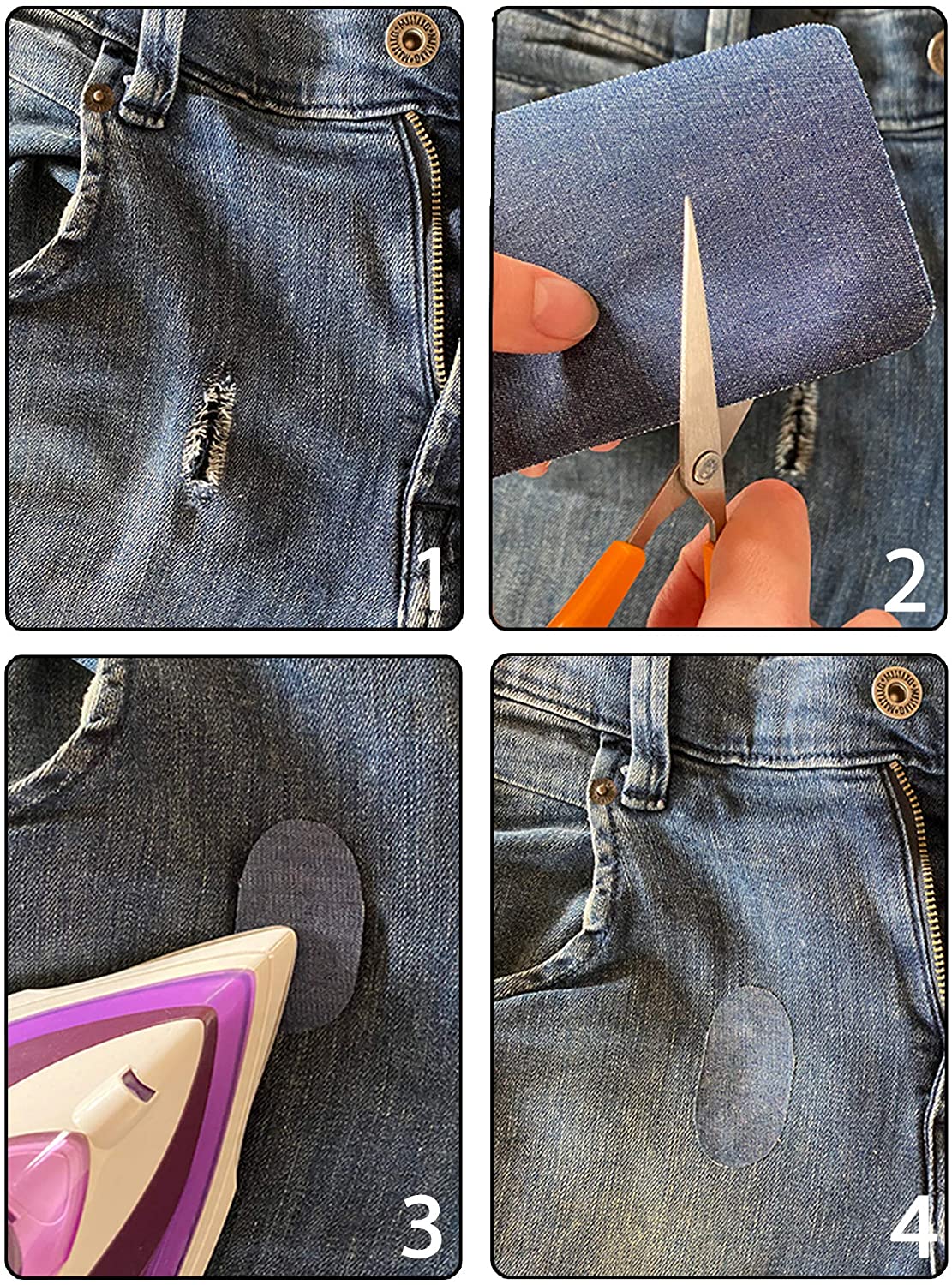 ZEFFFKA Parches de mezclilla de alta calidad para planchar en el interior y el exterior Pegamento más fuerte 100% algodón Kit de decoración de reparación de tonos surtidos de azul 12 piezas Tamaño 3" por 4-1/4" (7,5 cm x 10,5 cm) - Imagen 5