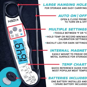 KIZEN Termómetro digital para carne con sonda - Impermeable, termómetro de Home & Kitchen de lectura instantánea para Home & Kitchenr, hornear, líquidos, dulces, asar barbacoa y freidora - Negro/Blanco - Imagen 5