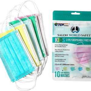 TCP Global Salon World Safety – Máscaras faciales para niños 10 Pk 3-Ply Protective PPE (5 colores, 2 cada uno)