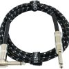Cable de instrumento de audio GLS - Cable de amplificador para bajo y guitarra eléctrica - Cable de instrumento de ángulo recto a derecho de 1/4 pulgadas - Tweed trenzado negro/gris, 6 pies