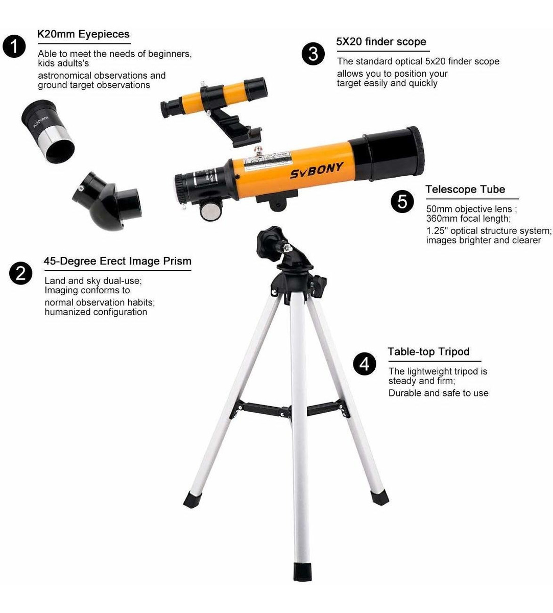 Svbony Sv502 Telescope For Kids 50mm Objective Lens And 5x20