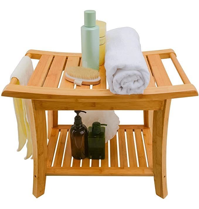 Zhuoyue - Taburete De Baño De Bambú Con Estante De Almacenam