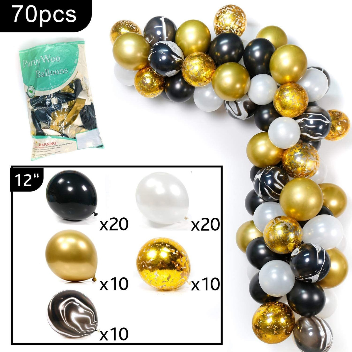 Partywoo Oro Y Negro Globos, 70 Piezas Negro Globos, Globos