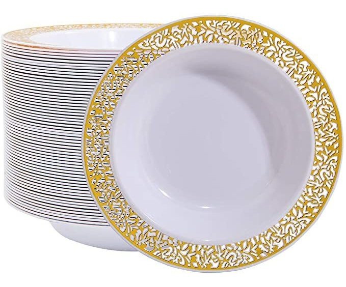 60 Cuencos Desechables De Plástico Dorado Para Postre, 12 Oz
