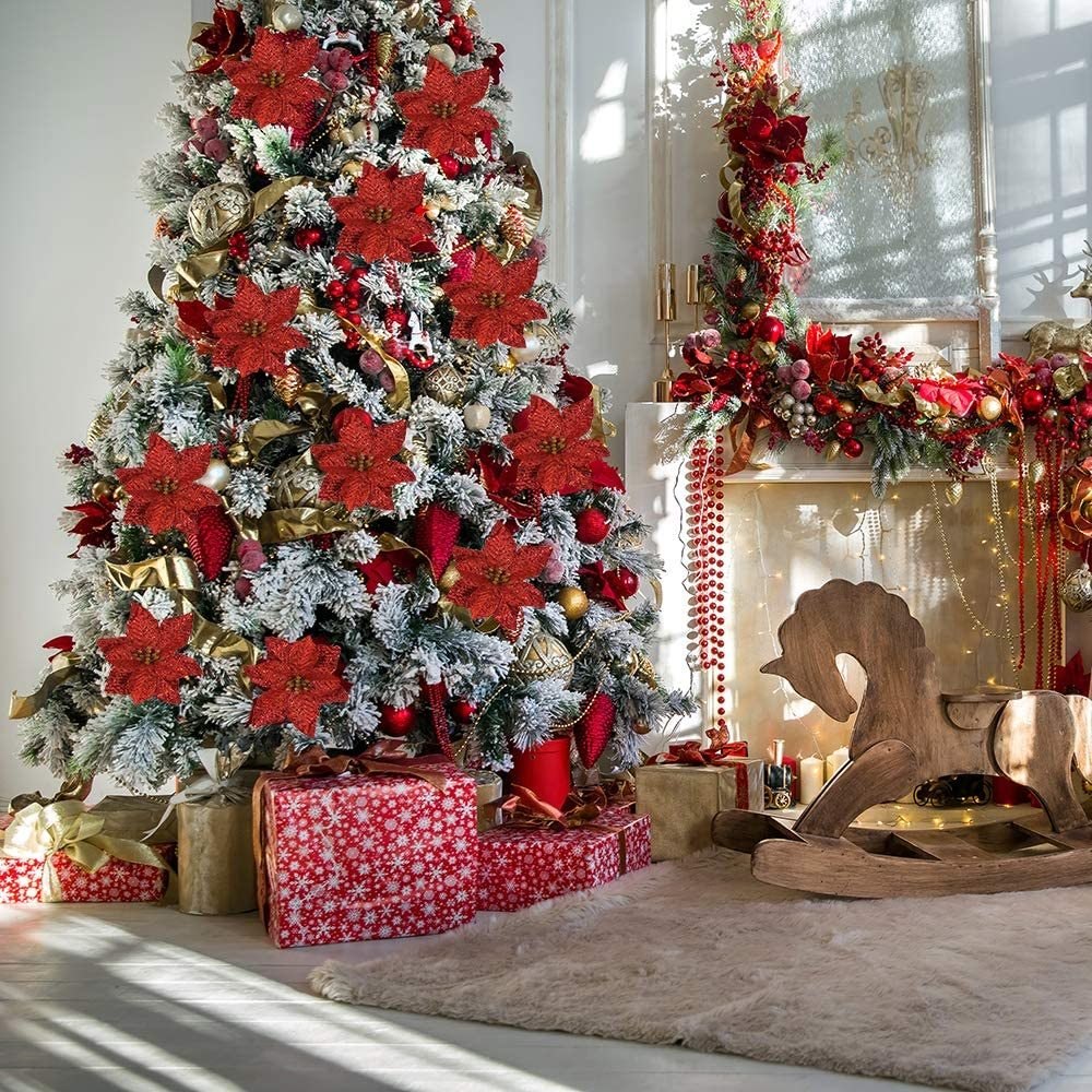 24 Piezas De Navidad Metálica Roja Del Brillo Artificial Poi