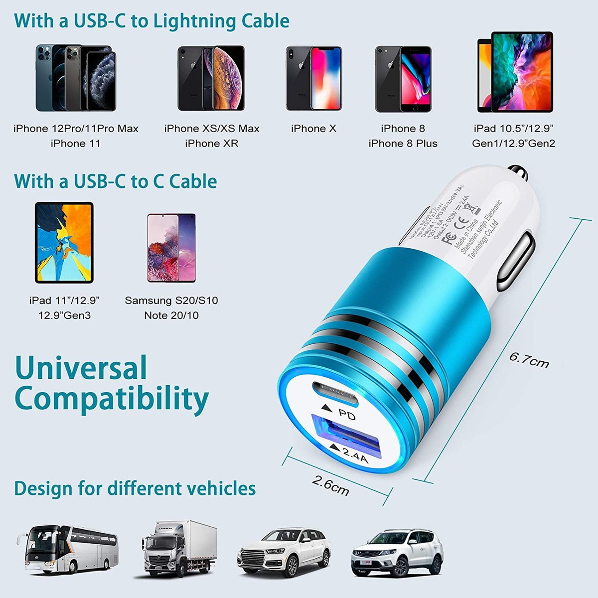 Cargador De Coche Usb C, 30 W, Cargador Rápido De 2 Puertos