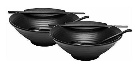2 X Ramen Juego De Tazones (negro Melamina), De Estilo Japon