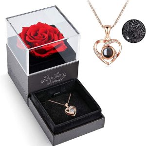 Collar De Rosa Roja Preservada Con Texto En Inglés I Love Y