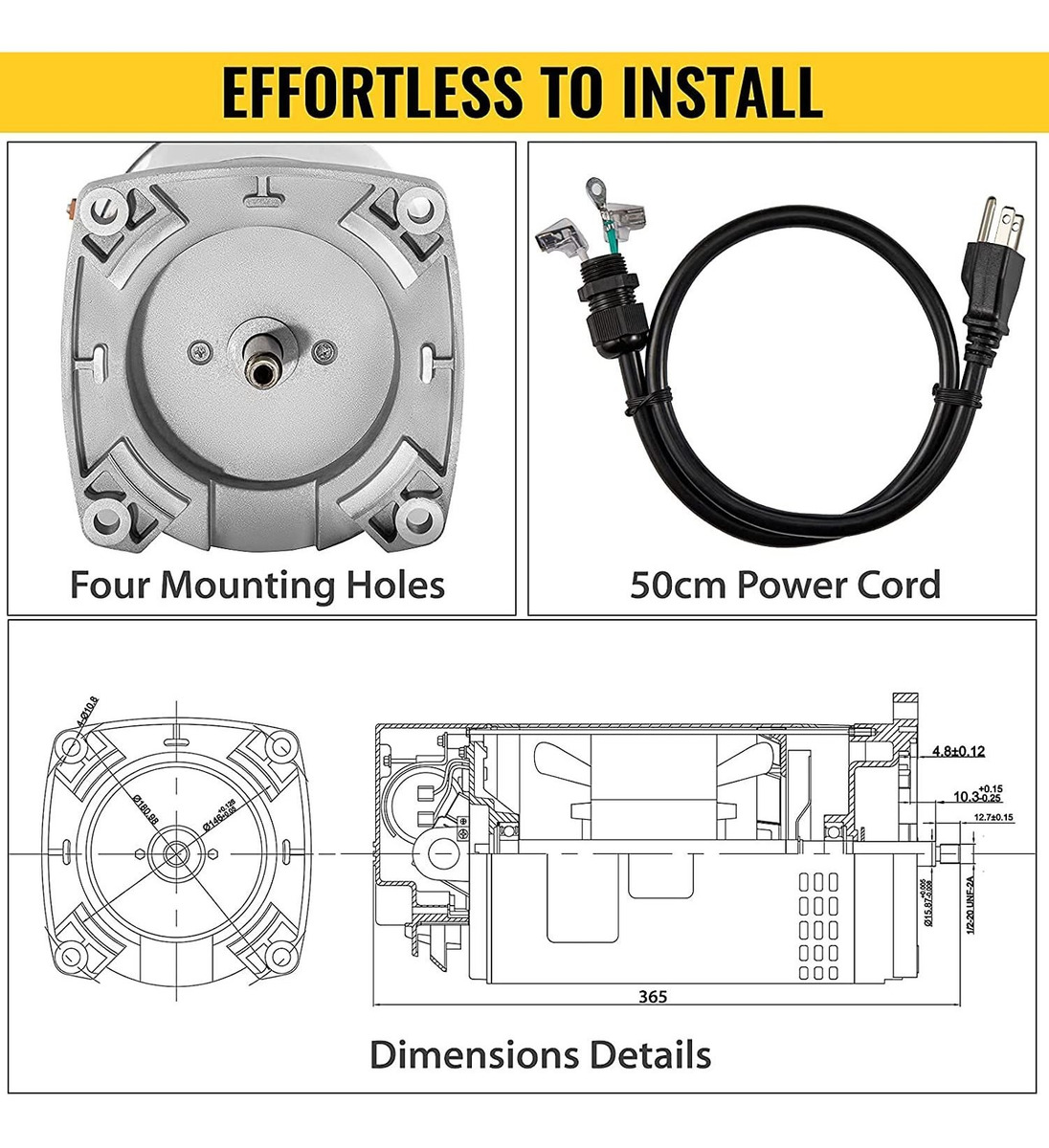 Vevor 56y1.5s1.1suc42 Motor De Piscina, Negro