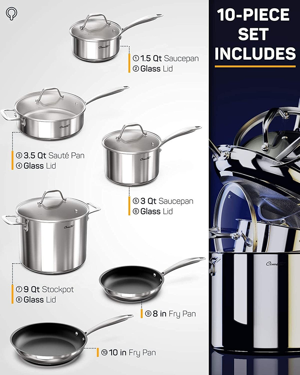 Ciwete Juego De Ollas Y Sartenes De Acero Inoxidable, 10 Pie