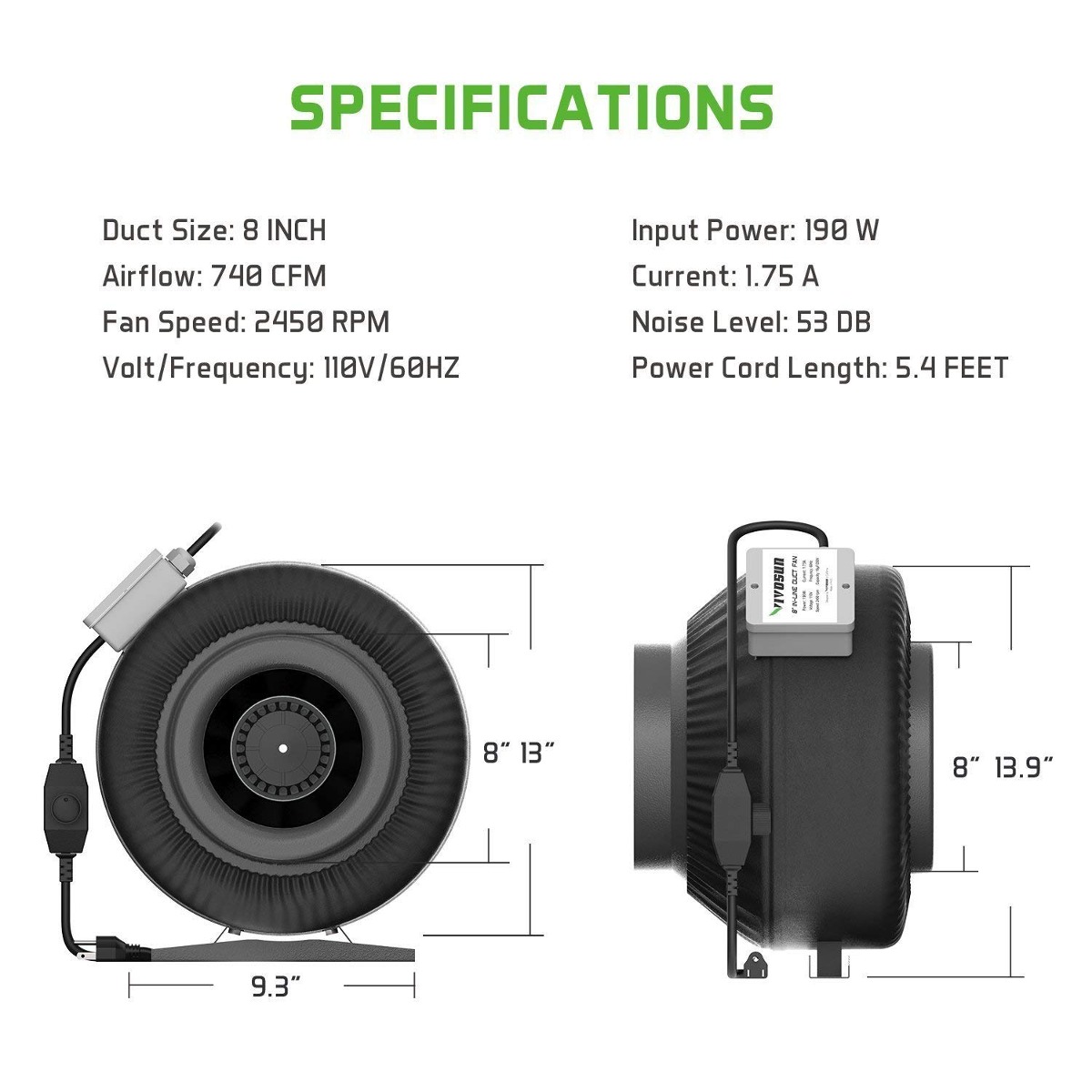 Vivosun Filtración De Aire Kit: 8 Pulgadas 740 Cfm En Línea