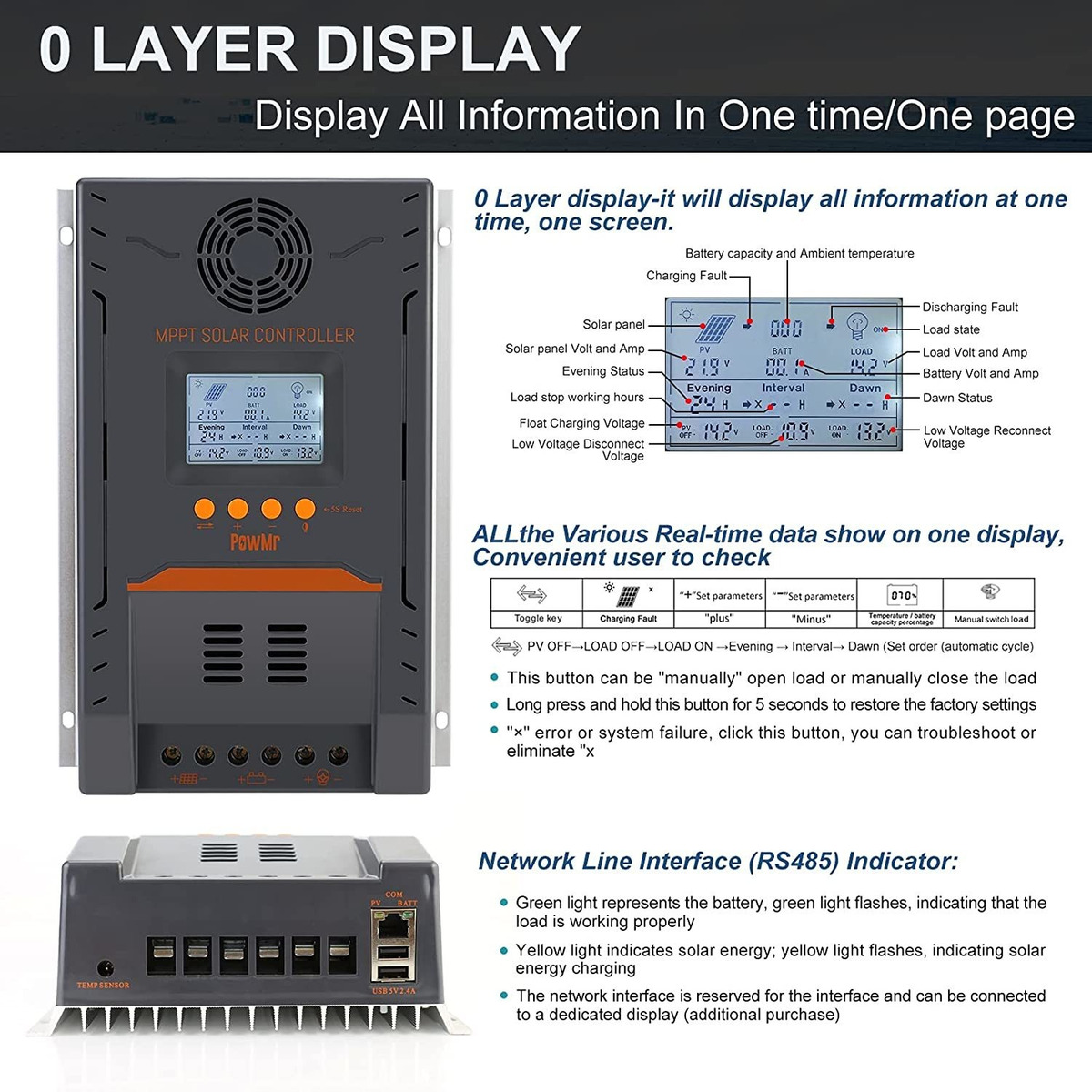 Powmr Controlador De Carga Mppt De 100 A, 12 V/24 V, Control